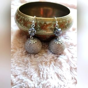 Earrings. Hook. Dangle. Silk Thread. Wrap. Ball. Silver. Rhinestone. Gray. Blush